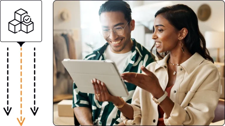 a woman showing something to a man on her tablet. Both smiling